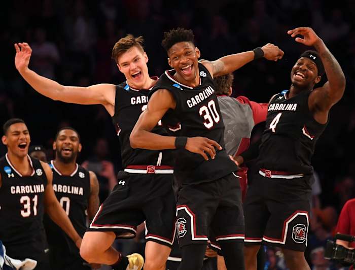 Chris Silva celebrating after beating the Baylor Bears in the Sweet Sixteen in the 2017 NCAA Tournament at Madison Square Garden.